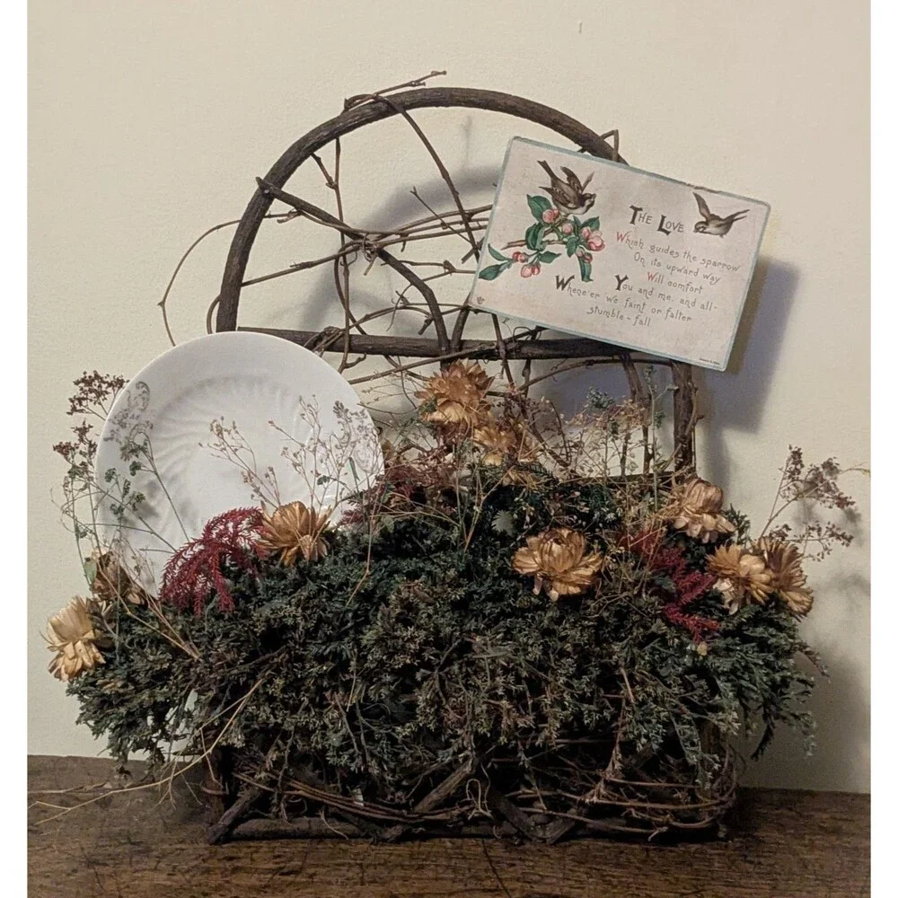 Handmade Rustic Twig Trellis Dried Floral Arrangement Vintage Postcard Porcelain